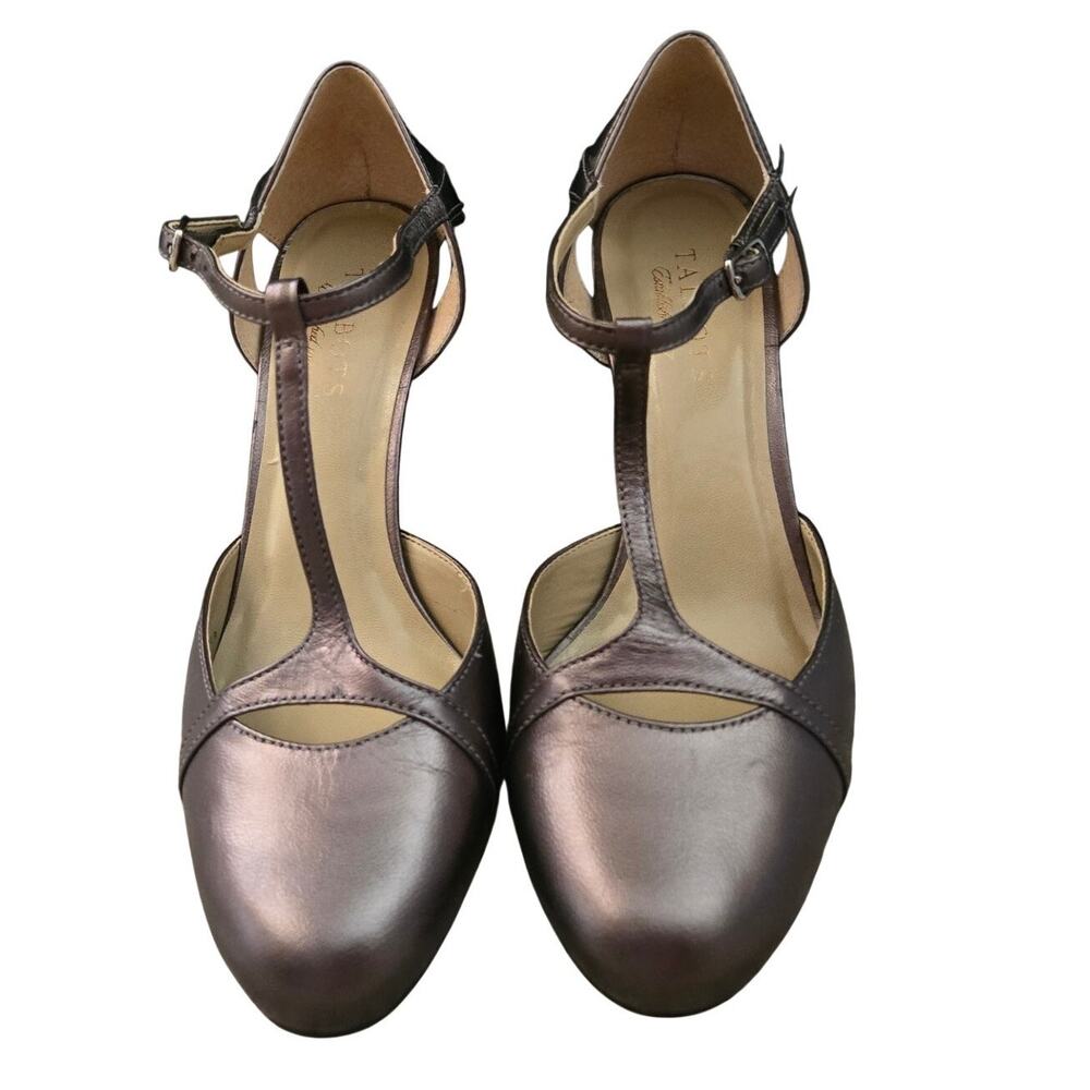 Talbots genuine leather metallic gray silver t-strap heel 8